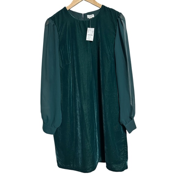J. Crew Factory NWT Forest Green Velvet Holiday Party Shear Sleeve Mini Dress - Picture 13 of 14